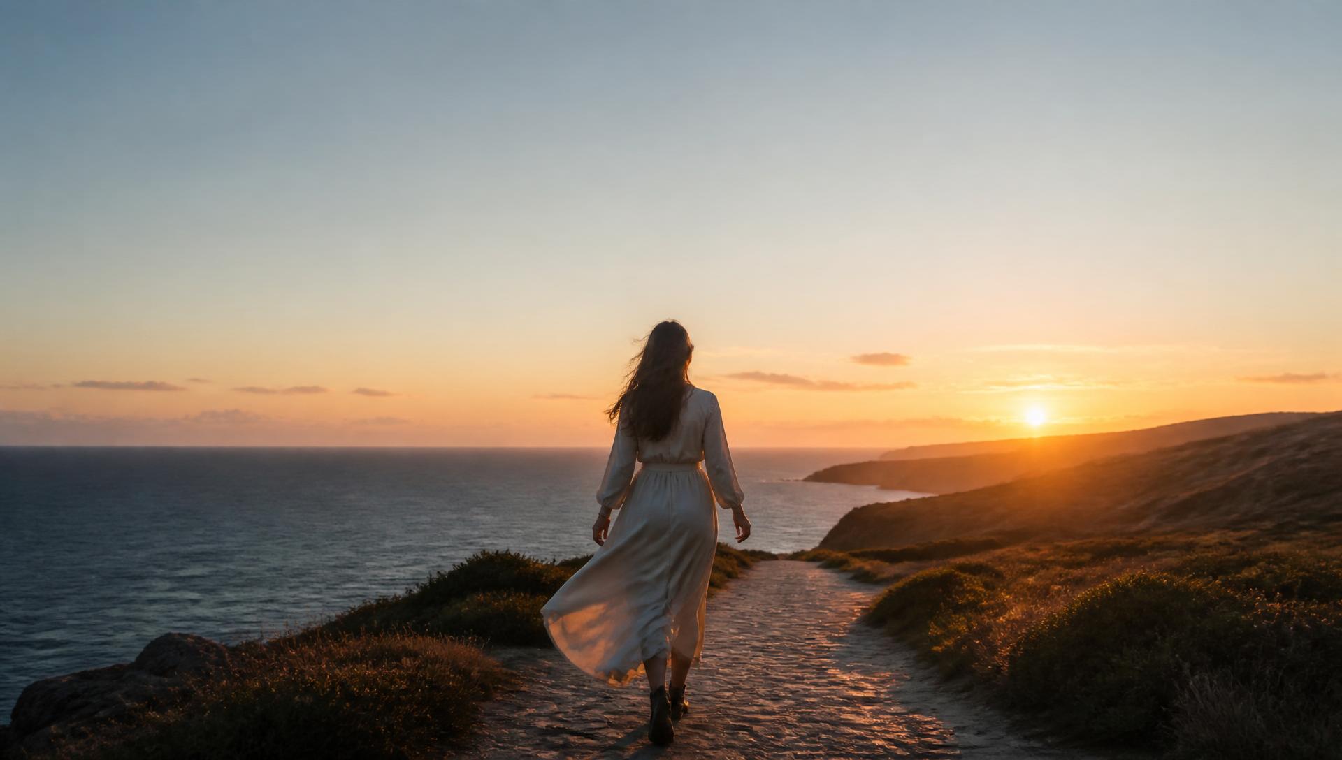 Woman walking along a coastal path at sunrise